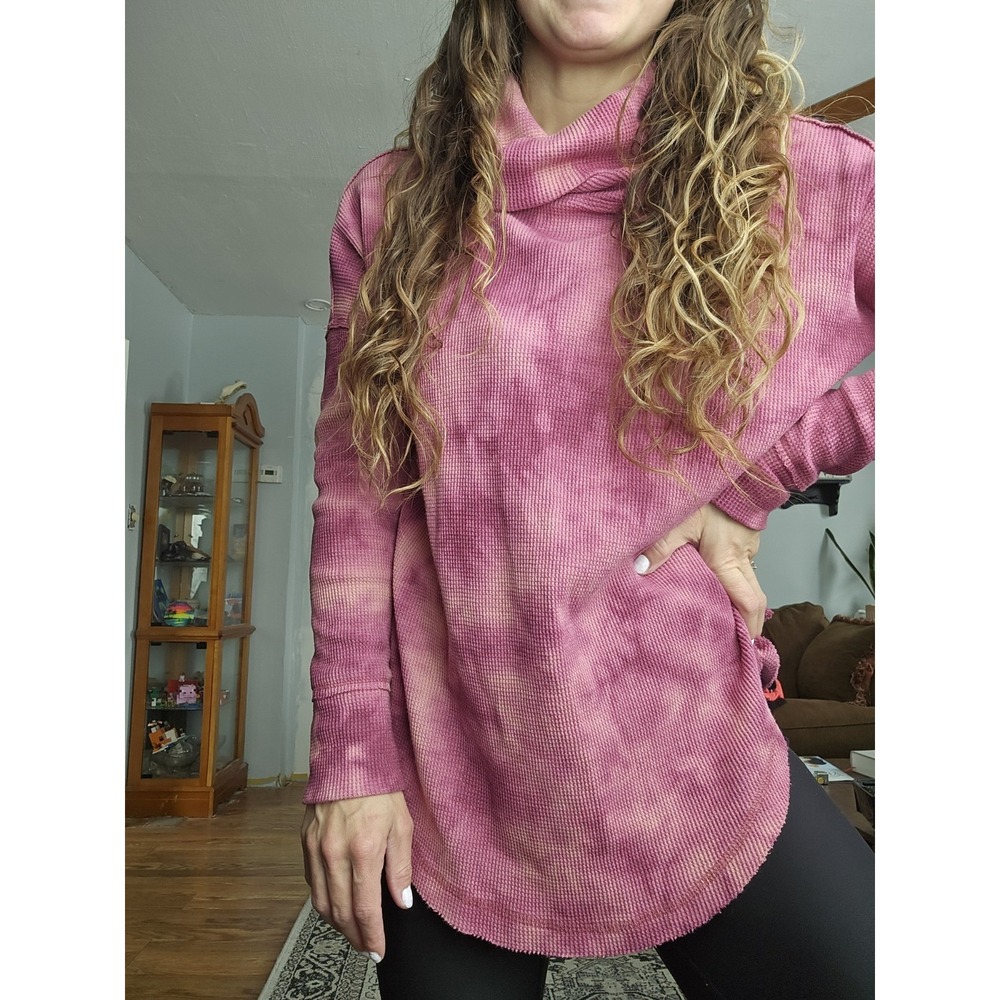 Anthropologie Maeve S Cowl-Neck Thermal Waffle Knit Top Maroon Pink Tie Dye Cozy